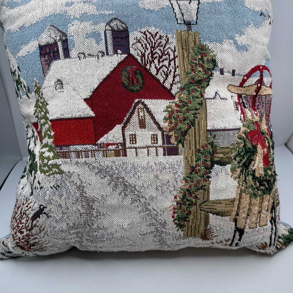 Needle Point Winter Farm Scene Throw Pillow 13.5” Sq